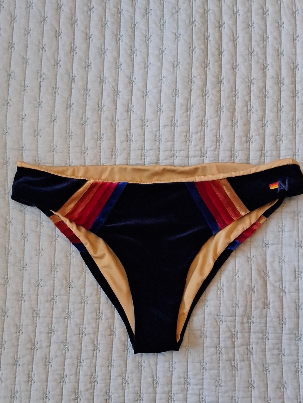 Aviator Nation Navy Velvet Bikini Bottom with Iconic Sunset Stripes